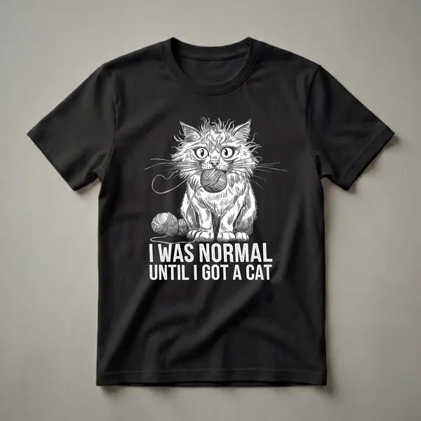 Black graphic t-shirt featuring a sketch of a fluffy cat with wide eyes holding a ball of yarn, with the text 'I WAS NORMAL UNTIL I GOT A CAT' below.