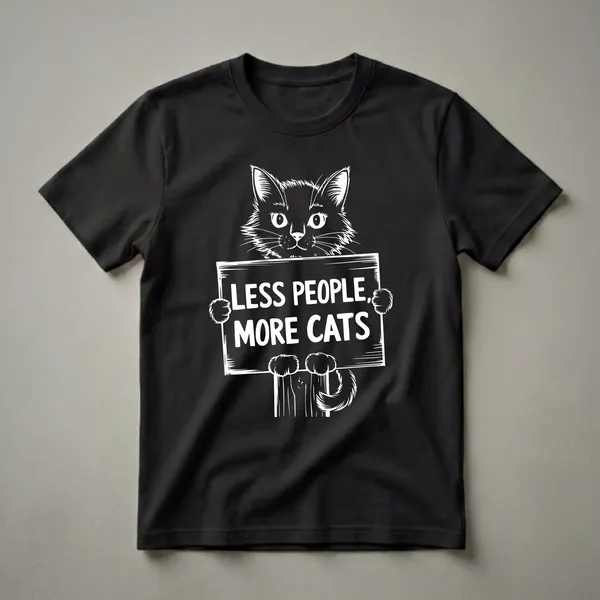 White line art graphic of a black cat holding a sign that reads 'LESS PEOPLE, MORE CATS', on a black background.