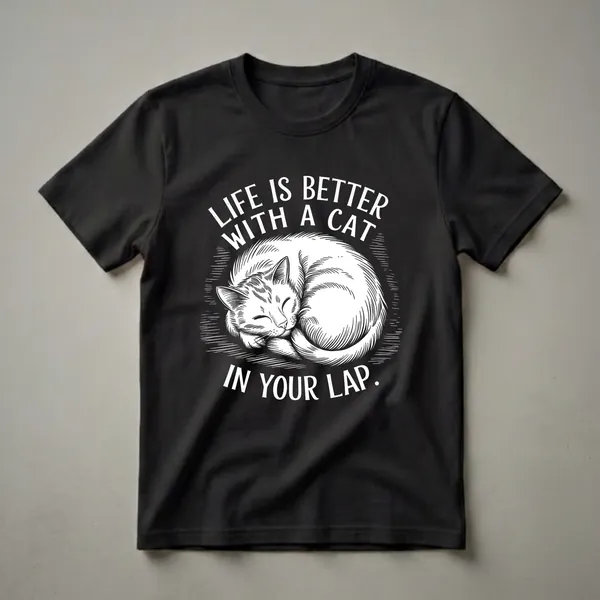 Black t-shirt with a white scratchboard-style illustration of a white cat curled up asleep, with the text "LIFE IS BETTER WITH A CAT IN YOUR LAP." above and below the image.