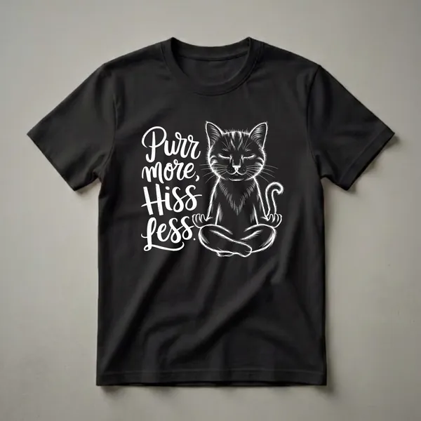 Black t-shirt with a white line art illustration of a cat meditating in a lotus position, with the text 'Purr more, Hiss less' to its left.