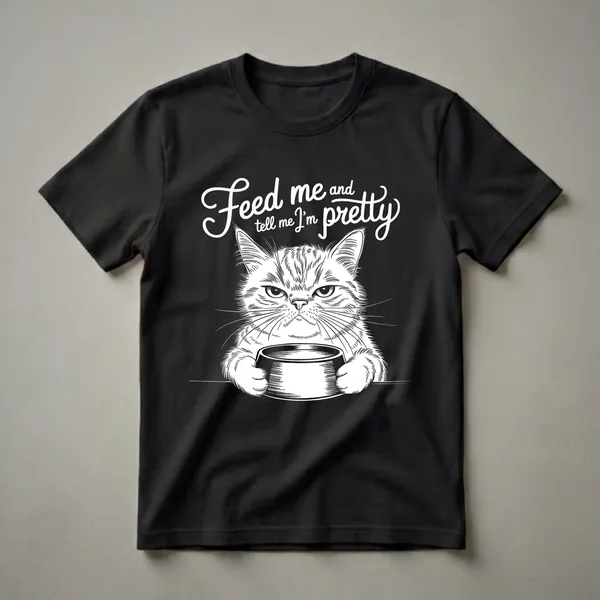 Black t-shirt with a white line drawing of a grumpy cat holding a food bowl, with the text 'Feed me and tell me I'm pretty' in white script above.