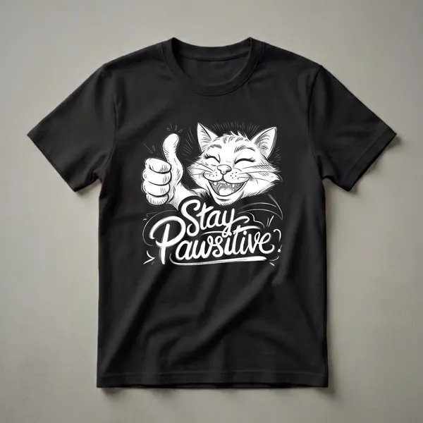 Black graphic t-shirt featuring a white line-art drawing of a smiling cat giving a thumbs up, with the words 'Stay Pawsitive?' written below in white script.