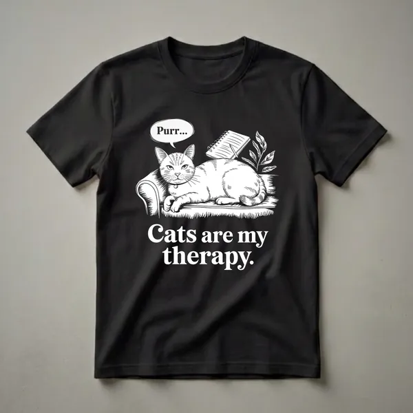 Black and white graphic t-shirt featuring a cat lounging on a couch, with a speech bubble saying 'Purr...' and the text 'Cats are my therapy.'