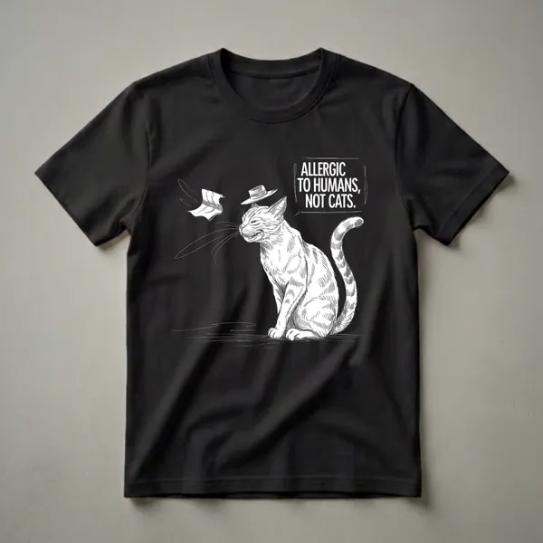 White sketch-style graphic t-shirt featuring a cat wearing a hat and sneezing, with the text "ALLERGIC TO HUMANS, NOT CATS."