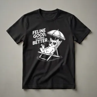 Feline Good Living Better Funny Cat Retro Beach T-Shirt