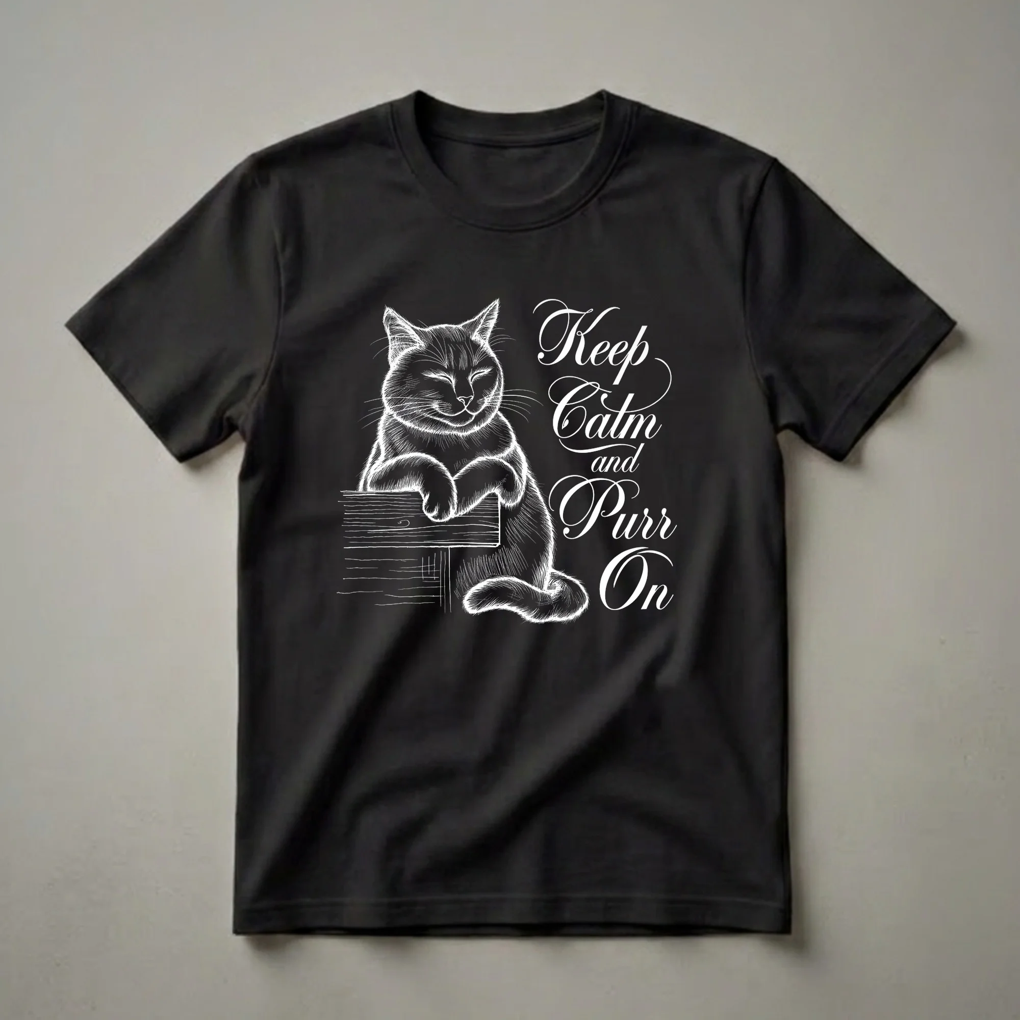 Black t-shirt featuring a white line drawing of a fluffy cat with closed eyes resting its paws on a wooden surface, with the text 'Keep Calm and Purr On' in white script.