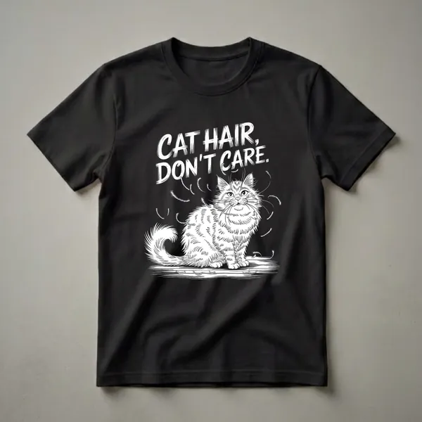 Black t-shirt with a white line art illustration of a fluffy cat sitting down, with the text 'CAT HAIR, DON'T CARE.' above it and loose cat hairs scattered around.