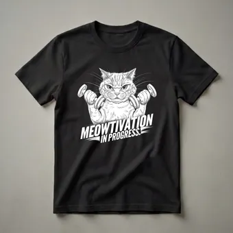 Meowtivation in Progress Cat Lifting Dumbbells Graphic T-Shirt