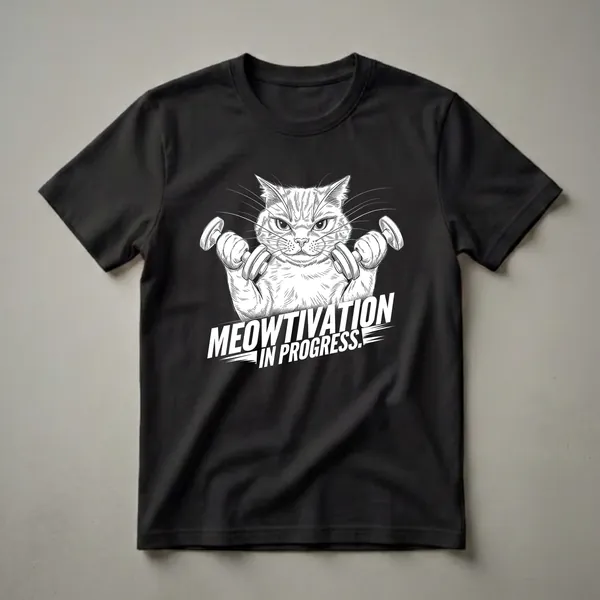 Black and white graphic t-shirt featuring a determined cat lifting dumbbells with the text 'Meowtivation in Progress' in bold white lettering.
