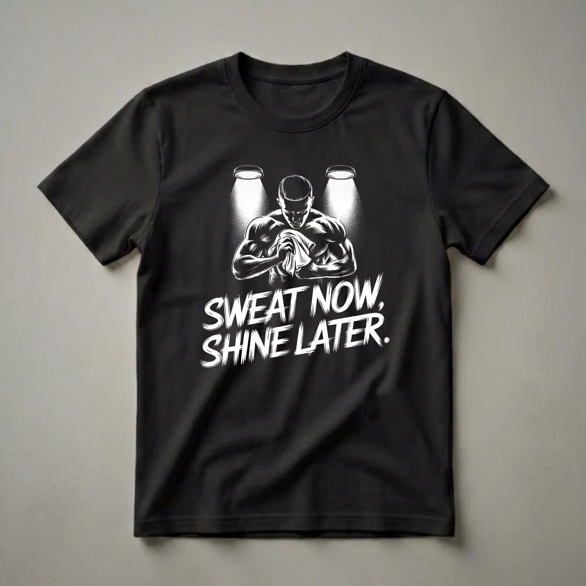 Black graphic t-shirt featuring a black and white illustration of a muscular man wiping sweat from his brow under two spotlights, with the text 'SWEAT NOW, SHINE LATER.' below.