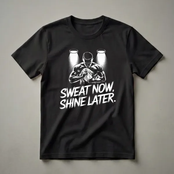 Black graphic t-shirt featuring a black and white illustration of a muscular man wiping sweat from his brow under two spotlights, with the text 'SWEAT NOW, SHINE LATER.' below.