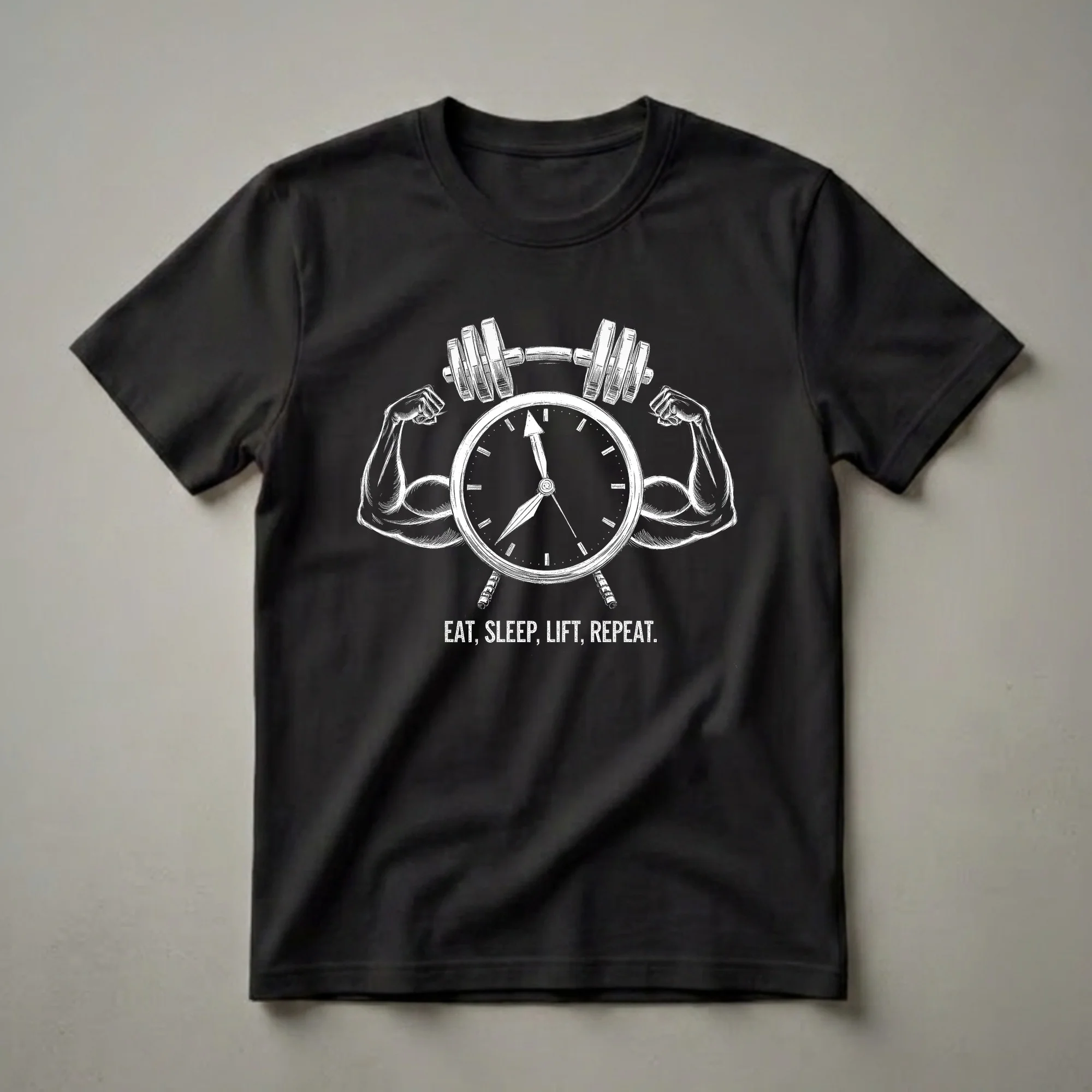 Black graphic t-shirt featuring a white illustration of a clock face with flexing arms on either side, a barbell above, and the text 'EAT, SLEEP, LIFT, REPEAT.' below.