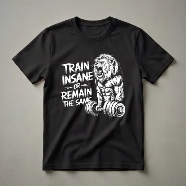 Black t-shirt with a white graphic of a muscular lion roaring and lifting a dumbbell, with the text 'TRAIN INSANE OR REMAIN THE SAME'.