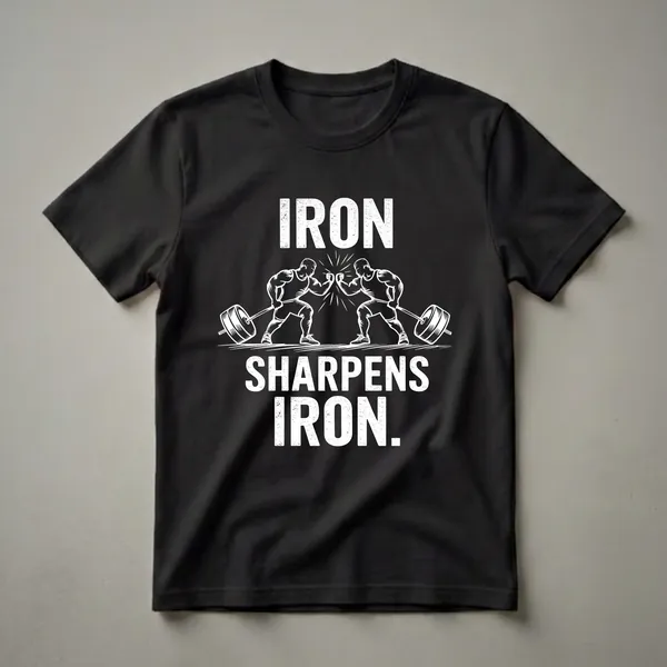 Black t-shirt with white distressed graphic of two muscular weightlifters fist-bumping over a barbell, with the text 'IRON SHARPENS IRON.'