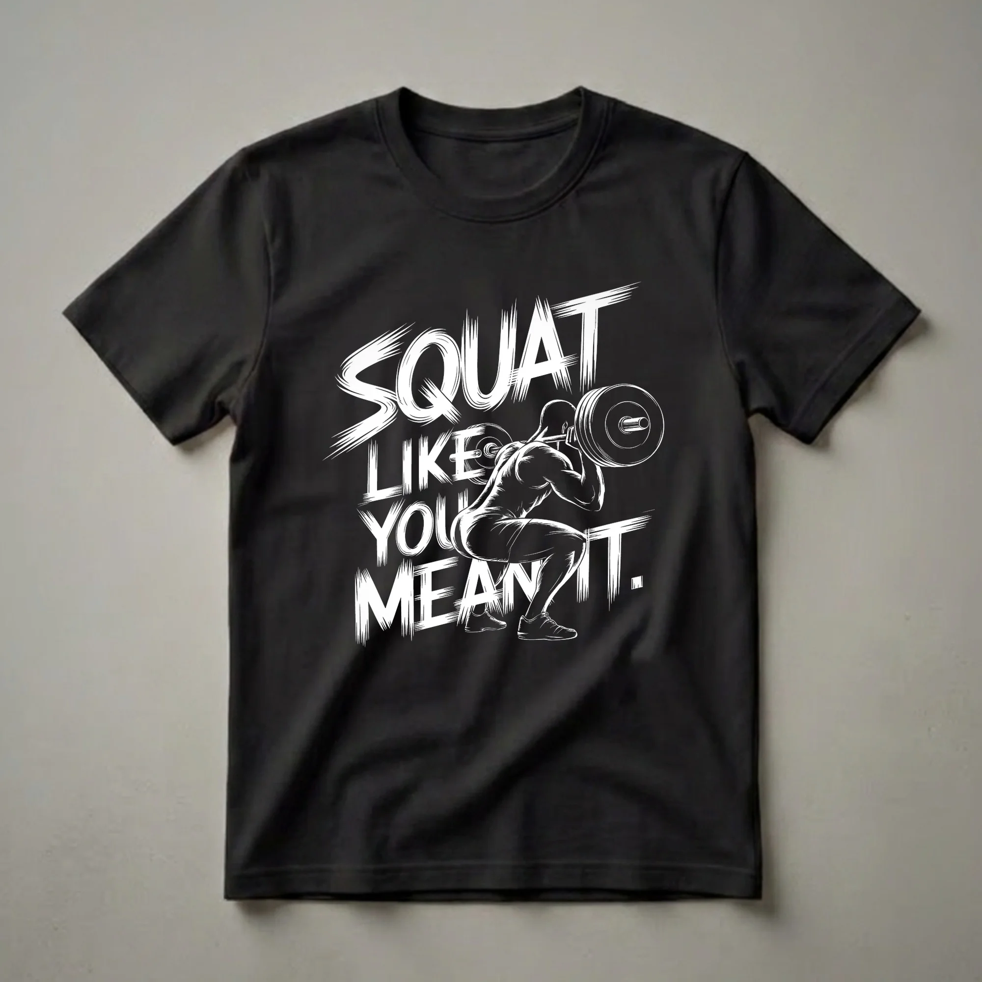 Black t-shirt with white graphic art depicting a person squatting with a barbell and the text 'SQUAT LIKE YOU MEAN IT.'