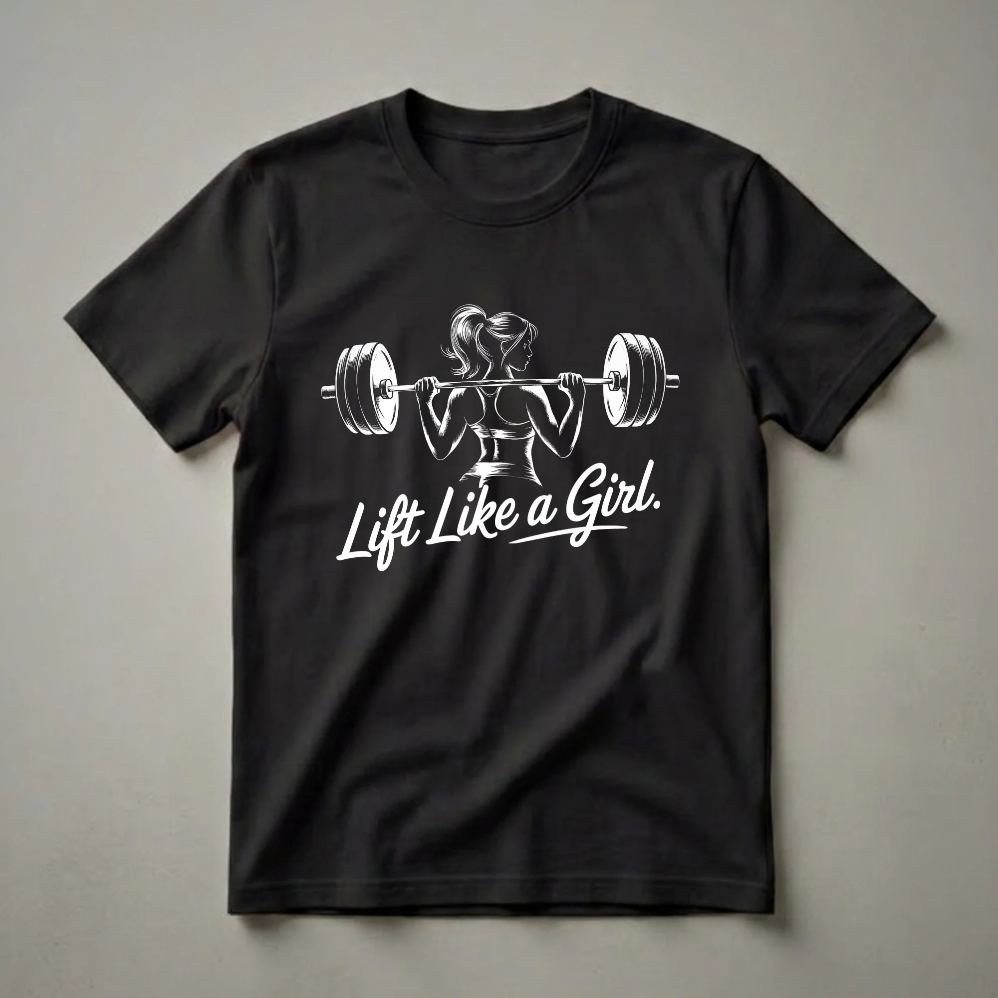 Black t-shirt with a white graphic of a woman performing a barbell squat, with the text 'Lift Like a Girl.' below.