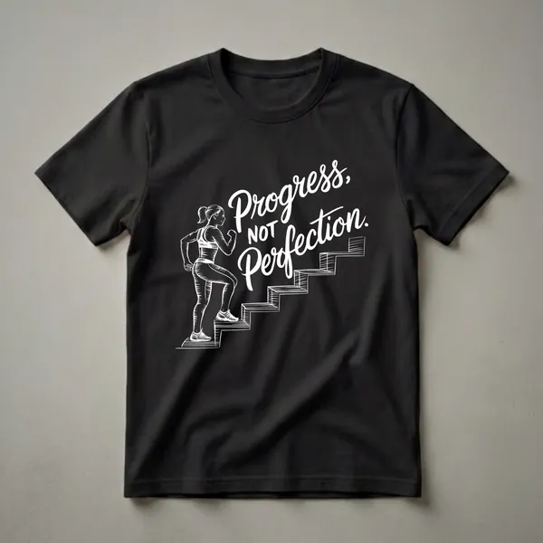 White line art graphic t-shirt featuring a woman running up stairs with the text 'Progress, Not Perfection' on a black background.
