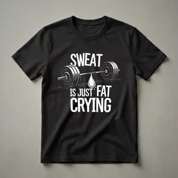 Black t-shirt with white graphic text 'SWEAT IS JUST FAT CRYING' and an illustration of a barbell with a sweat droplet.