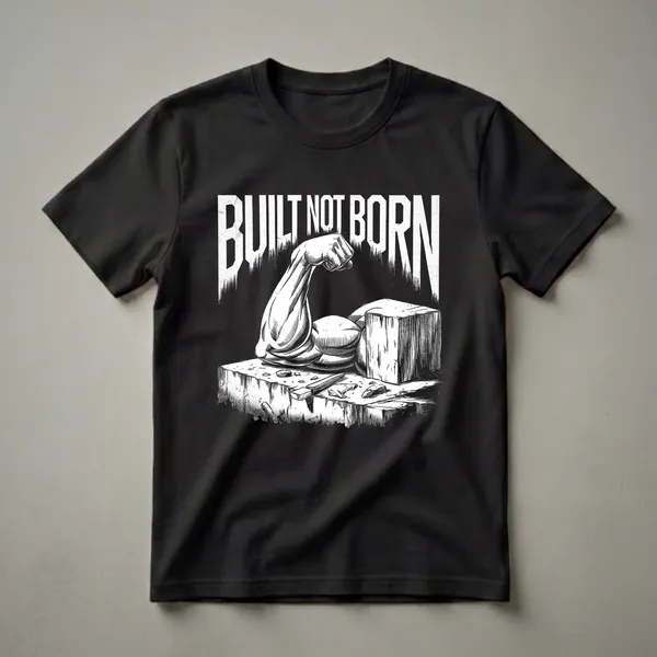 Black graphic t-shirt with white 'BUILT NOT BORN' text above a detailed illustration of a flexing muscular arm and sculpting tools on a stone surface.