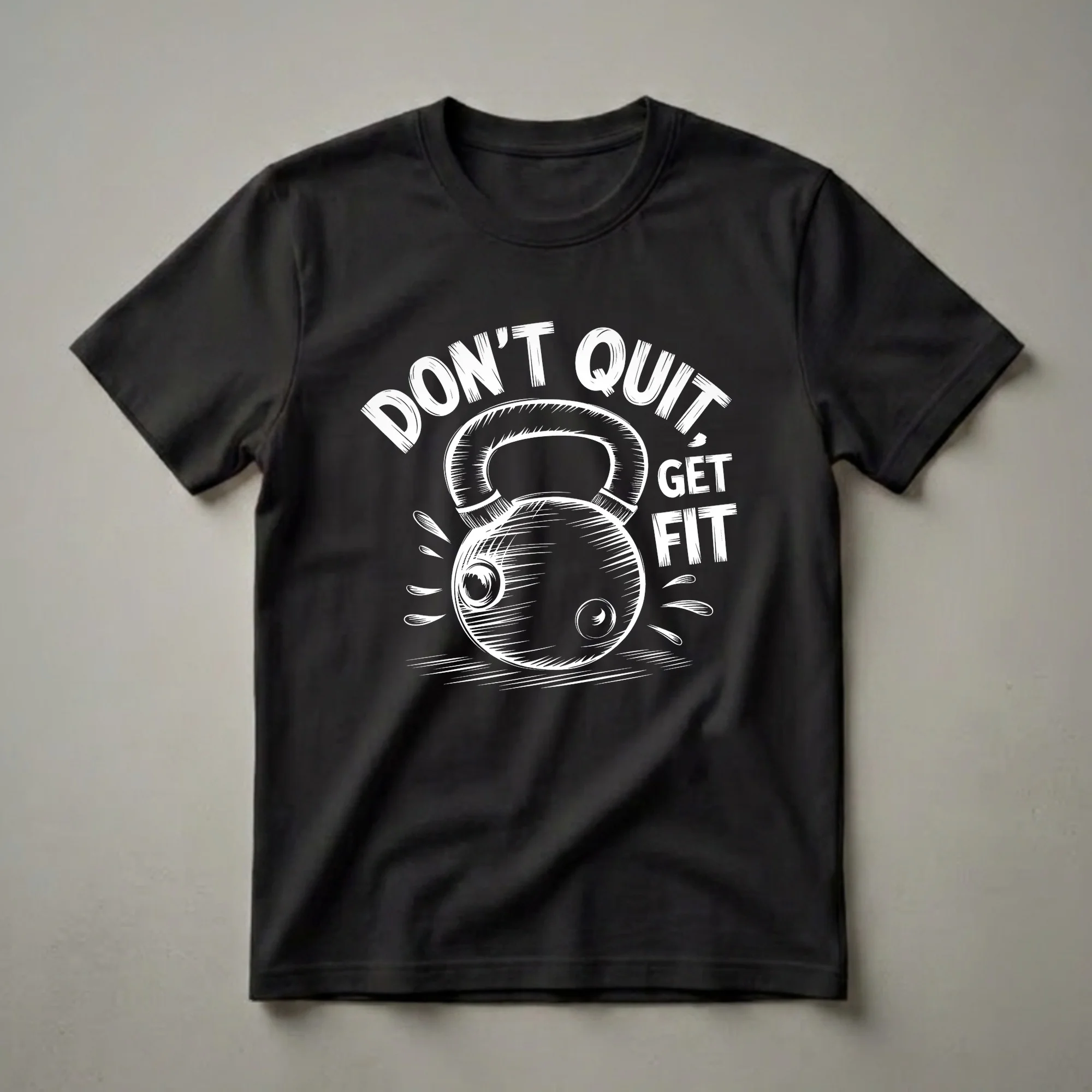 Black t-shirt with a white graphic design of a kettlebell and the motivational text 'DON'T QUIT, GET FIT'.