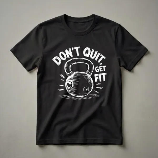 Black t-shirt with a white graphic design of a kettlebell and the motivational text 'DON'T QUIT, GET FIT'.
