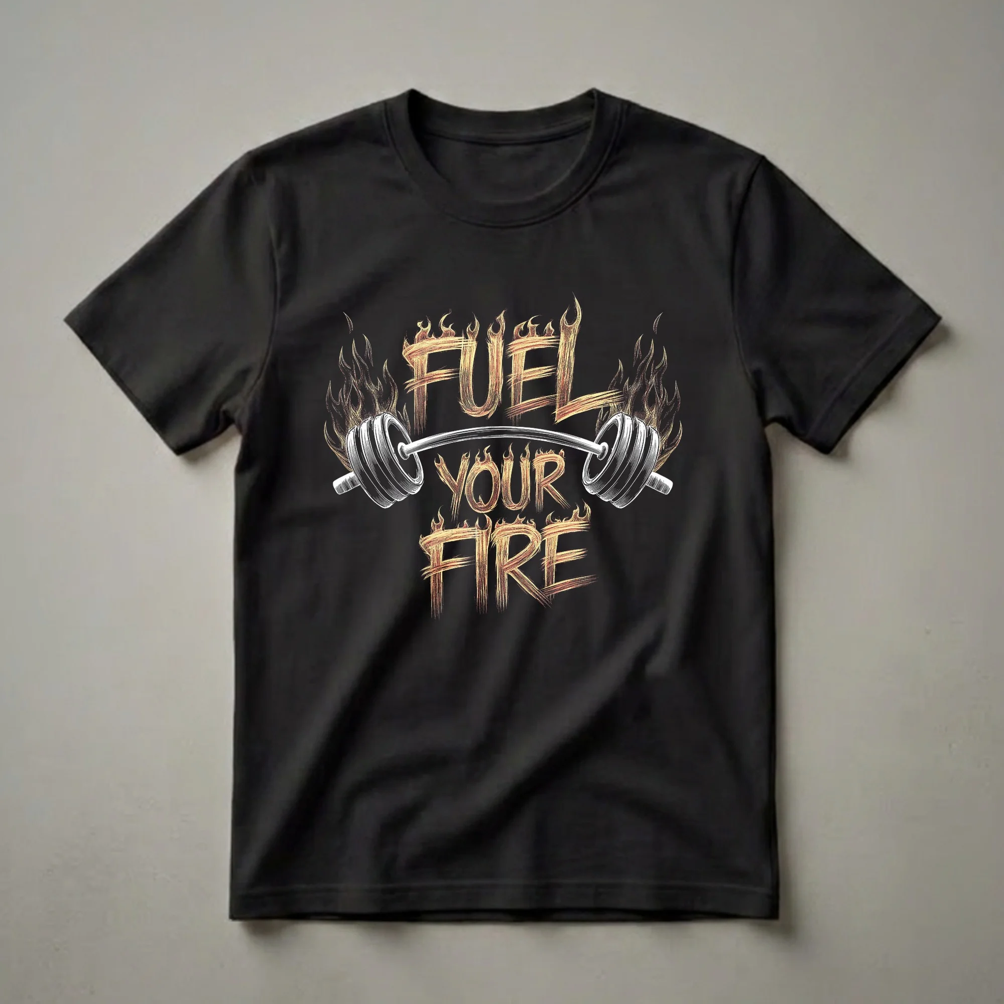 Black t-shirt with a graphic design featuring the words 'FUEL YOUR FIRE' in fiery lettering, a barbell in the center, and flames surrounding the text.
