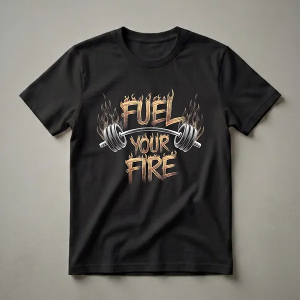Black t-shirt with a graphic design featuring the words 'FUEL YOUR FIRE' in fiery lettering, a barbell in the center, and flames surrounding the text.