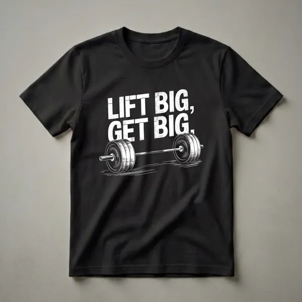 Black t-shirt with distressed white text 'LIFT BIG, GET BIG' above a detailed illustration of a weightlifting barbell.
