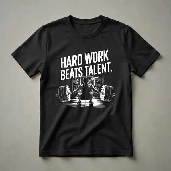 Black t-shirt with white graphic text 'HARD WORK BEATS TALENT.' and an illustration of two weightlifters performing lifts in a gym.