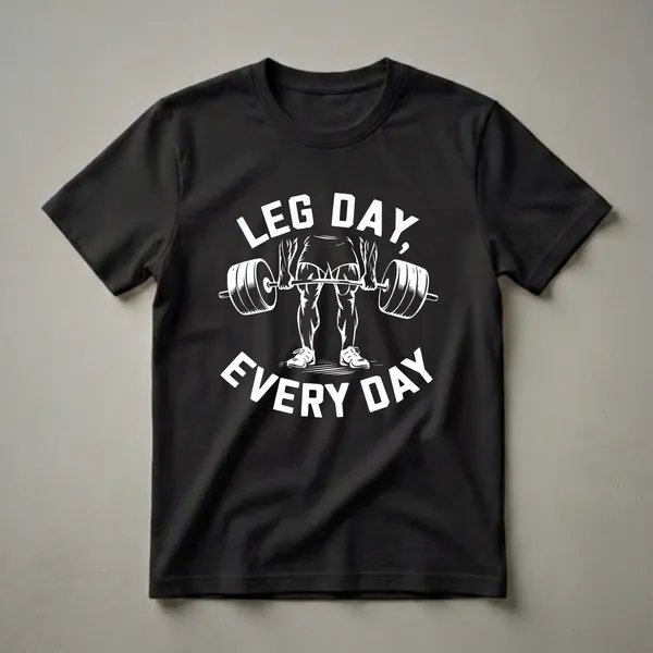 Black t-shirt with a white graphic design that reads "LEG DAY, EVERY DAY" above and below an illustration of a person's legs holding a barbell.