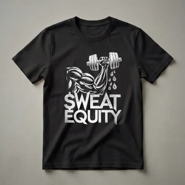 Black t-shirt with a white graphic design of a muscular arm lifting a dumbbell, the words 'SWEAT EQUITY', and dollar sign sweat drops.