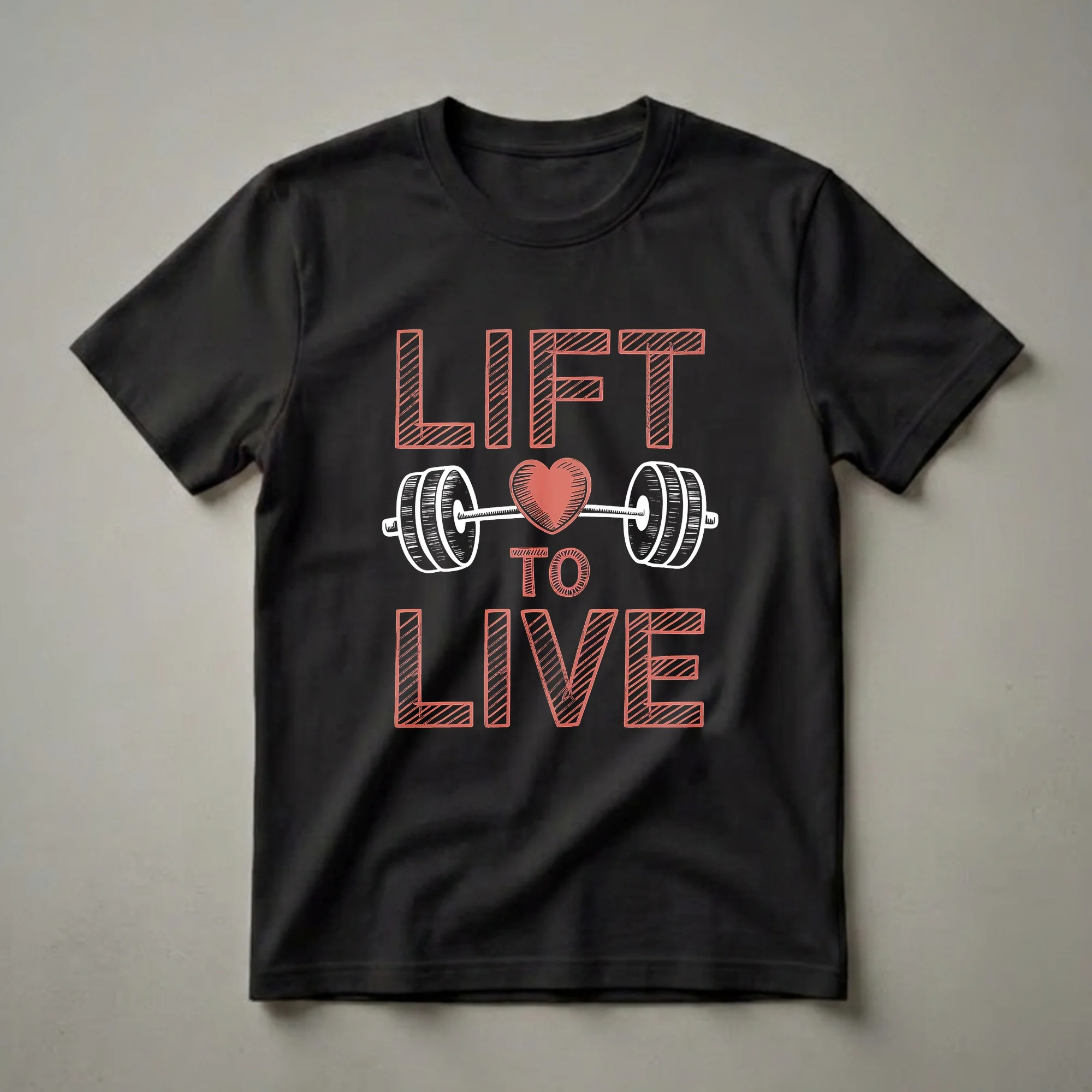 Black t-shirt with a graphic design that reads 'LIFT TO LIVE' in distressed red font, with a white barbell and red heart in the center.