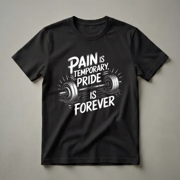 Black t-shirt with white distressed text reading 'Pain is Temporary, Pride is Forever' and a graphic of a barbell.