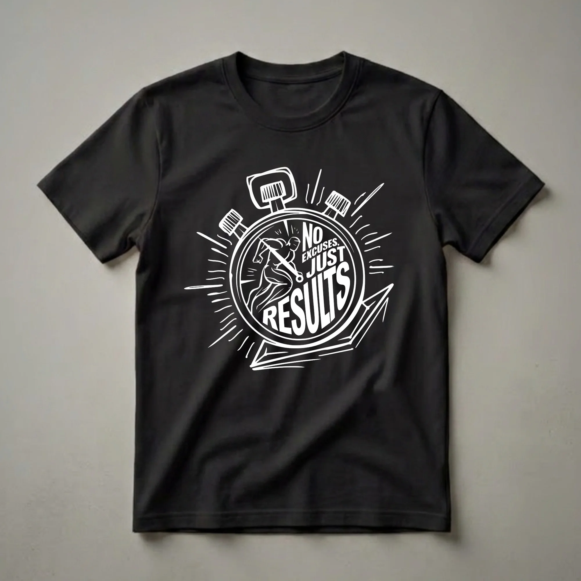 White graphic design on a black t-shirt featuring a stopwatch with a running figure and the text 'No Excuses, Just Results'.