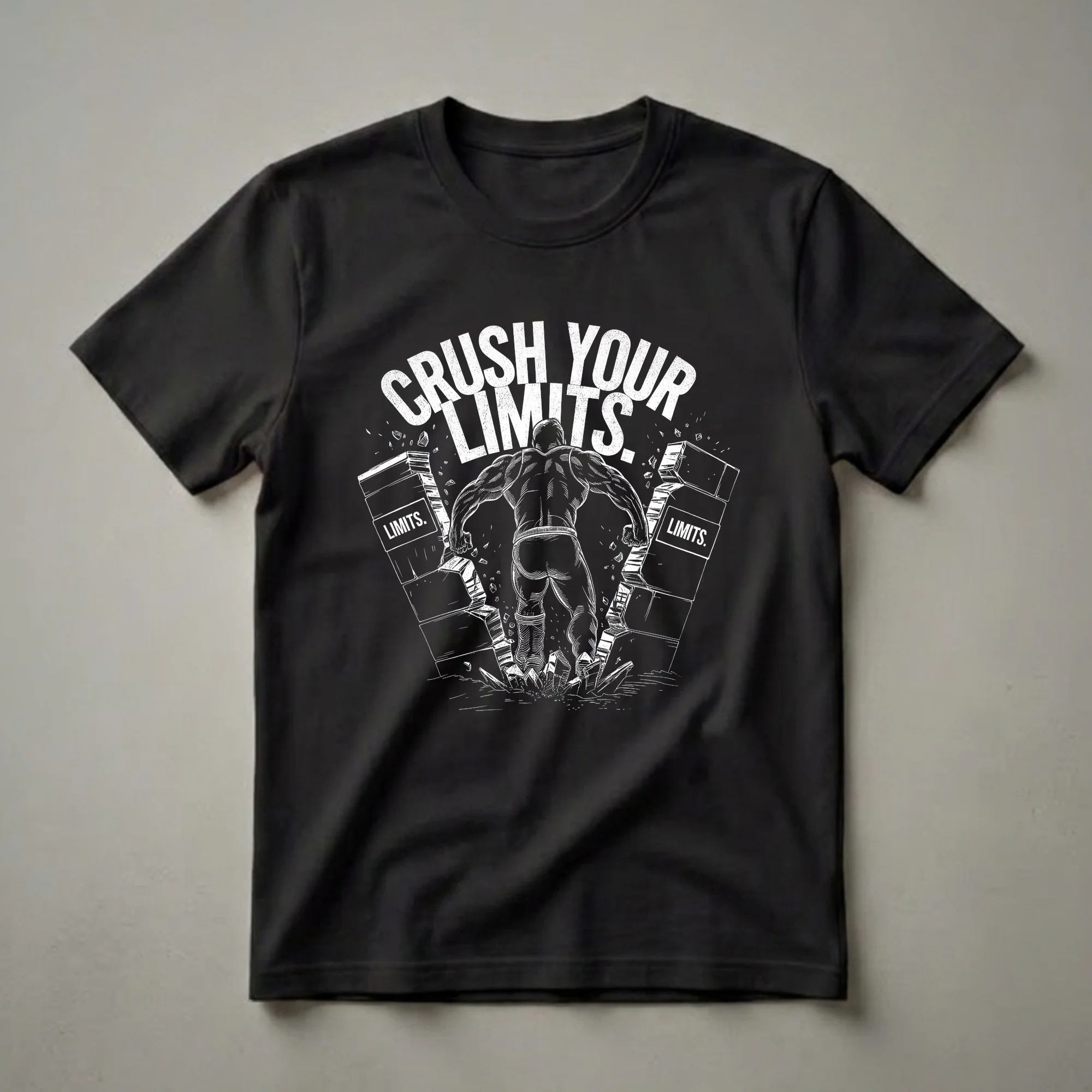 Black t-shirt with a white graphic design of a muscular person breaking through brick walls labeled 'LIMITS.' with the words 'CRUSH YOUR LIMITS.' above.