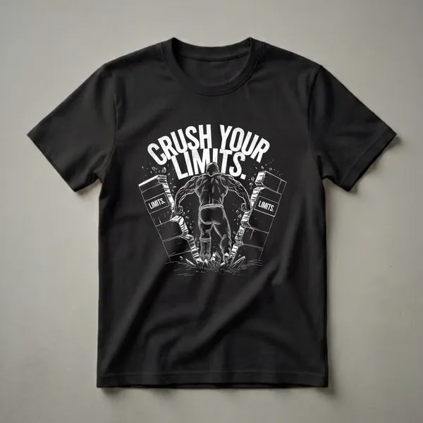 Black t-shirt with a white graphic design of a muscular person breaking through brick walls labeled 'LIMITS.' with the words 'CRUSH YOUR LIMITS.' above.