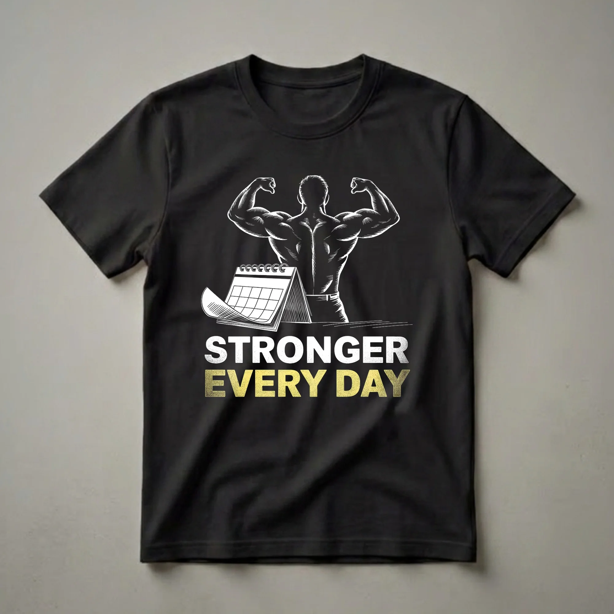 Black t-shirt with a white woodcut-style graphic of a muscular man flexing his back and biceps, a desk calendar, and the text 'STRONGER EVERY DAY'.