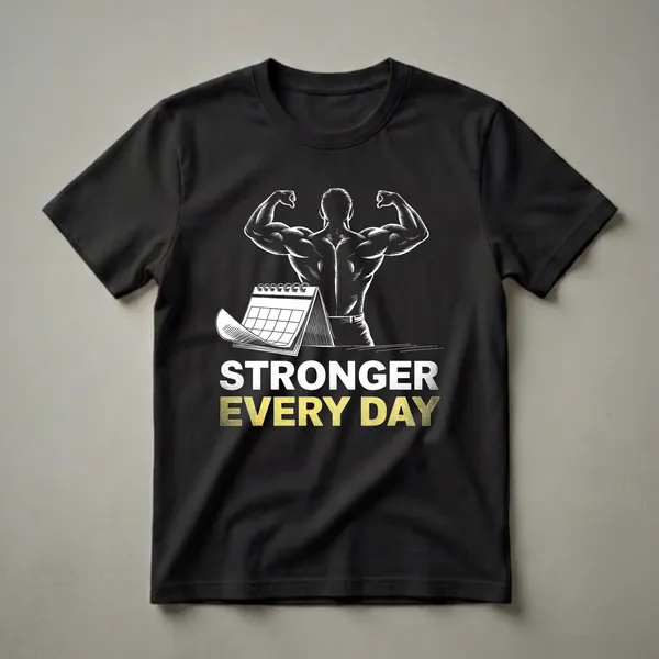 Black t-shirt with a white woodcut-style graphic of a muscular man flexing his back and biceps, a desk calendar, and the text 'STRONGER EVERY DAY'.