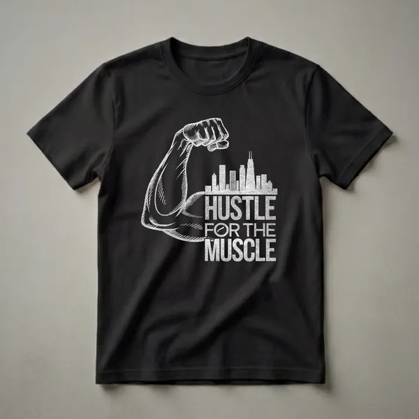 Black t-shirt with a white graphic design of a flexed bicep, a city skyline, and the motivational phrase 'Hustle for the Muscle'.