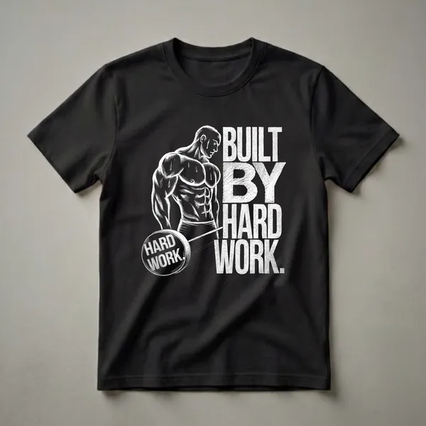 Black t-shirt with a white graphic of a muscular man sweating, next to the words 'BUILT BY HARD WORK.'