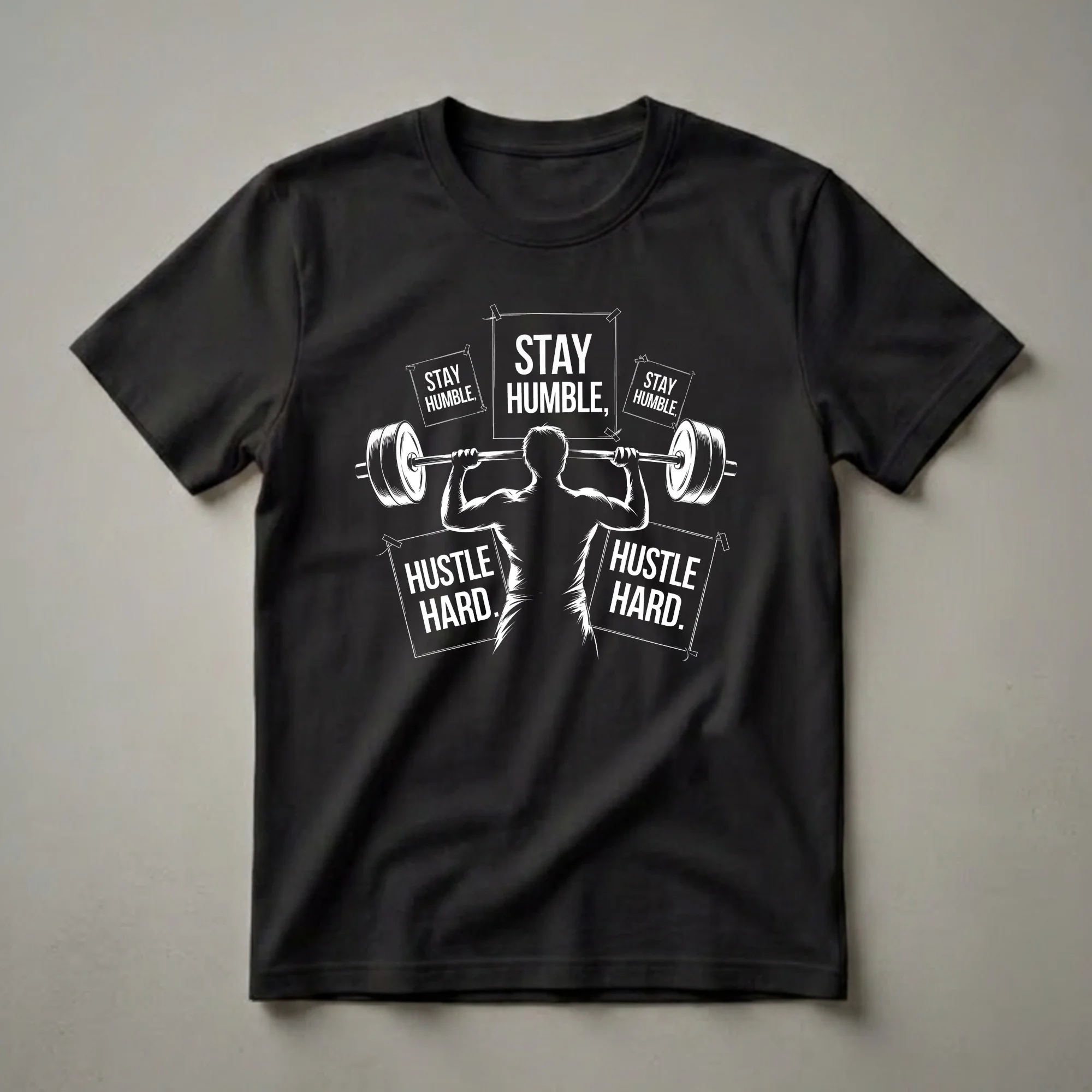 Black t-shirt with a white graphic design showing a person doing a barbell squat, surrounded by text that reads 'Stay Humble' and 'Hustle Hard'.