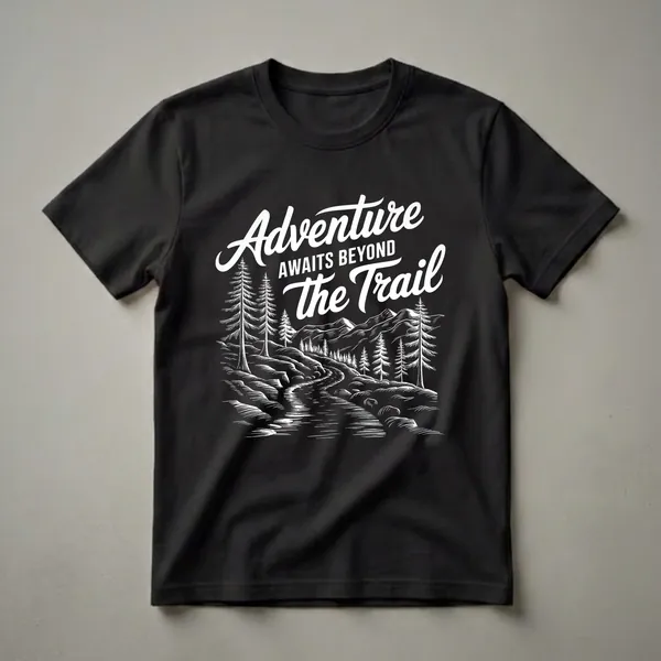 Black t-shirt with a white graphic illustration of a mountain landscape, pine trees, and the text 'Adventure Awaits Beyond the Trail'.