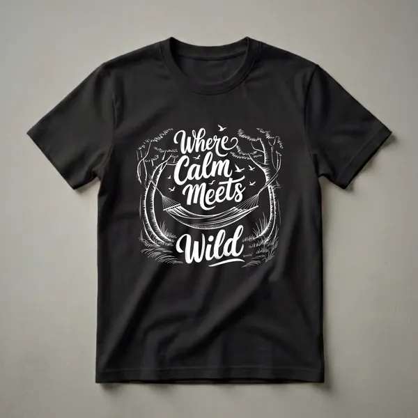 Black t-shirt with white line art graphic featuring the text 'Where Calm Meets Wild', a hammock, trees, grass, and birds.