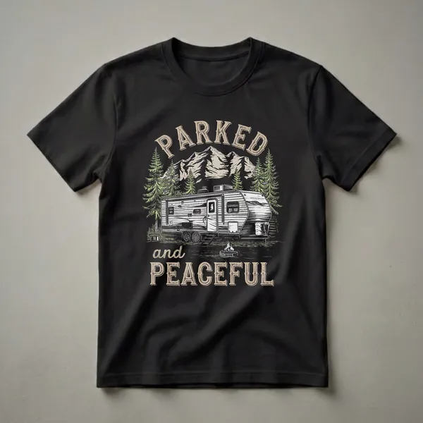 Black t-shirt with a graphic design featuring a camper trailer, pine trees, mountains, and the text 'Parked and Peaceful' in a vintage style.