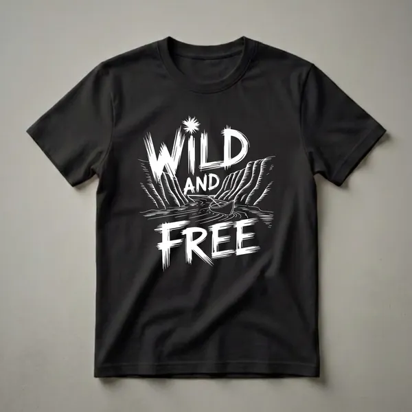 White graphic t-shirt featuring the words 'WILD AND FREE' with a line art illustration of a canoe on water, mountains, and a sunburst.