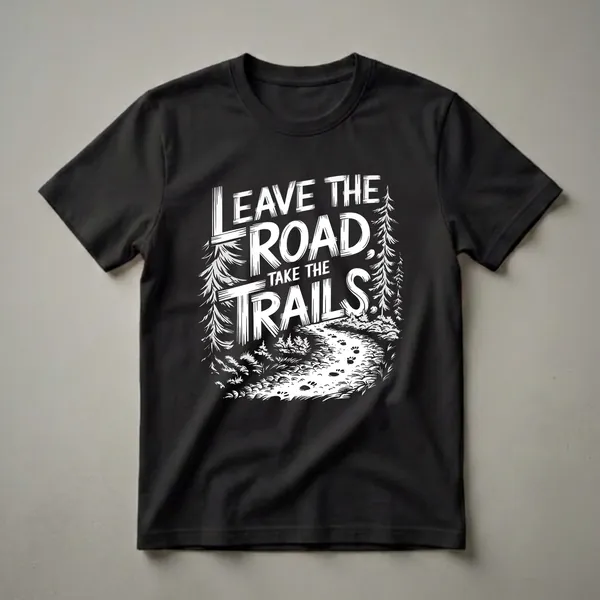 Black t-shirt with white graphic text 'Leave the Road, Take the Trails' above a black and white illustration of a forest trail with paw prints and pine trees.