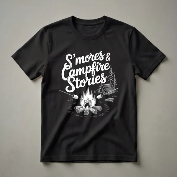 White graphic t-shirt design featuring the text 'S'mores & Campfire Stories' above a campfire scene with marshmallows on sticks, a tent, and pine trees.