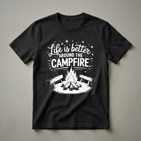 Black t-shirt with a white graphic design that reads 'Life is Better Around the Campfire' with imagery of a campfire, logs, and stars.