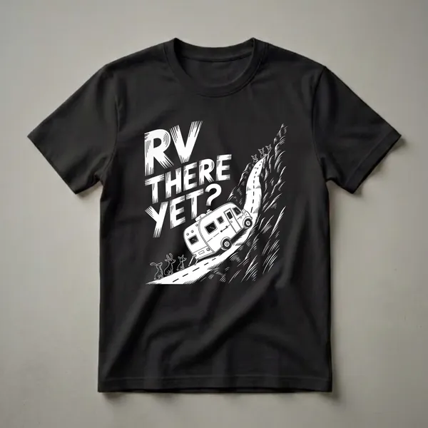 Black graphic t-shirt featuring white text 'RV THERE YET?' above a vintage camper van on a winding road with stylized trees and small animals.