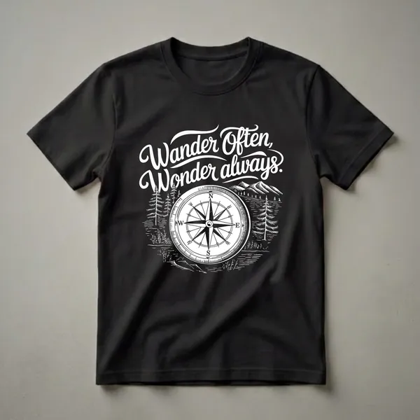 Black t-shirt with a white graphic design that includes the text 'Wander Often, Wonder Always', a vintage compass, pine trees, mountains, and a body of water.